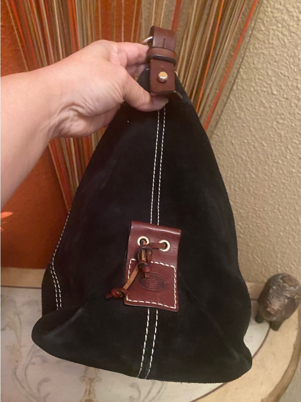 Dooney & Bourke - GUC - Black Suede Hobo with Brown Leather Trim - Picture 12 of 14